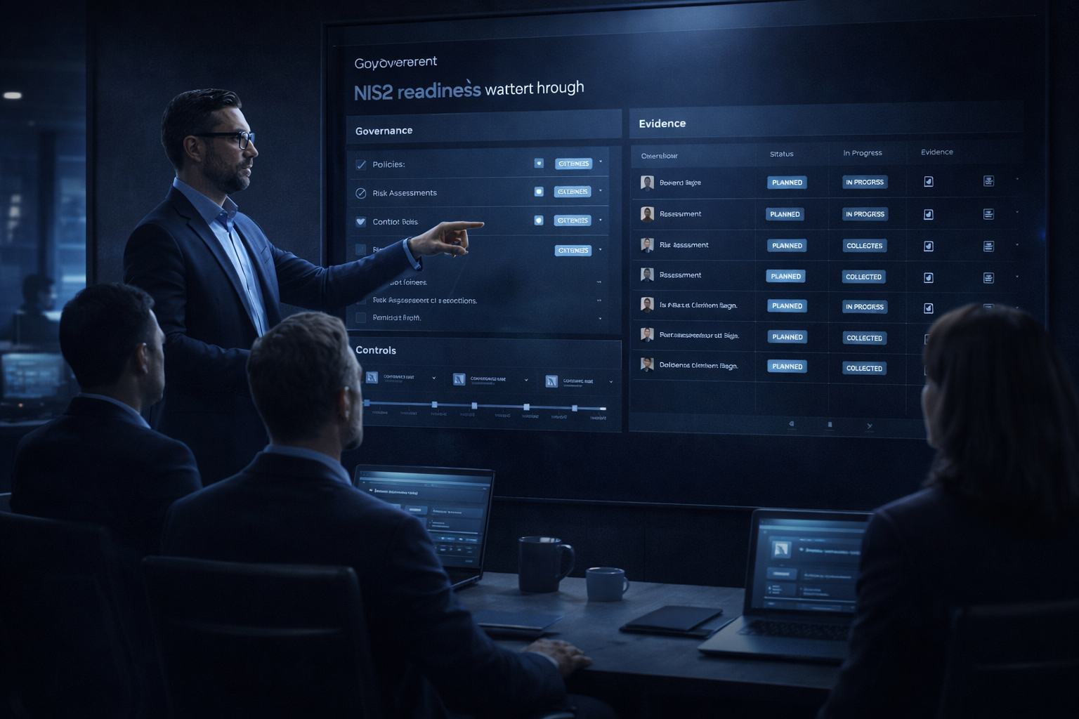 Security advisor leading a NIS2 readiness walkthrough with governance and evidence dashboard